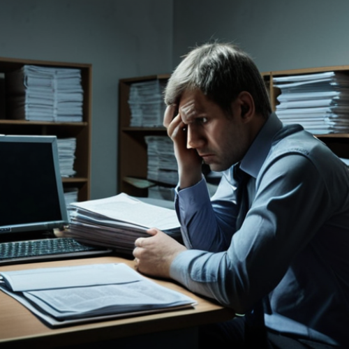 Home 4 **
Prompt: A journalist looking stressed while working at a computer in a dimly lit office, surrounded by stacks of documents. Subtle surveillance camera visible in the corner. Focus on the pressure and challenges faced by journalists in Russia. Moody, realistic lighting.
**