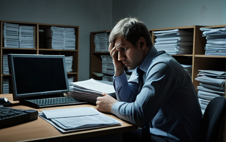 **
Prompt: A journalist looking stressed while working at a computer in a dimly lit office, surrounded by stacks of documents. Subtle surveillance camera visible in the corner. Focus on the pressure and challenges faced by journalists in Russia. Moody, realistic lighting.
**
